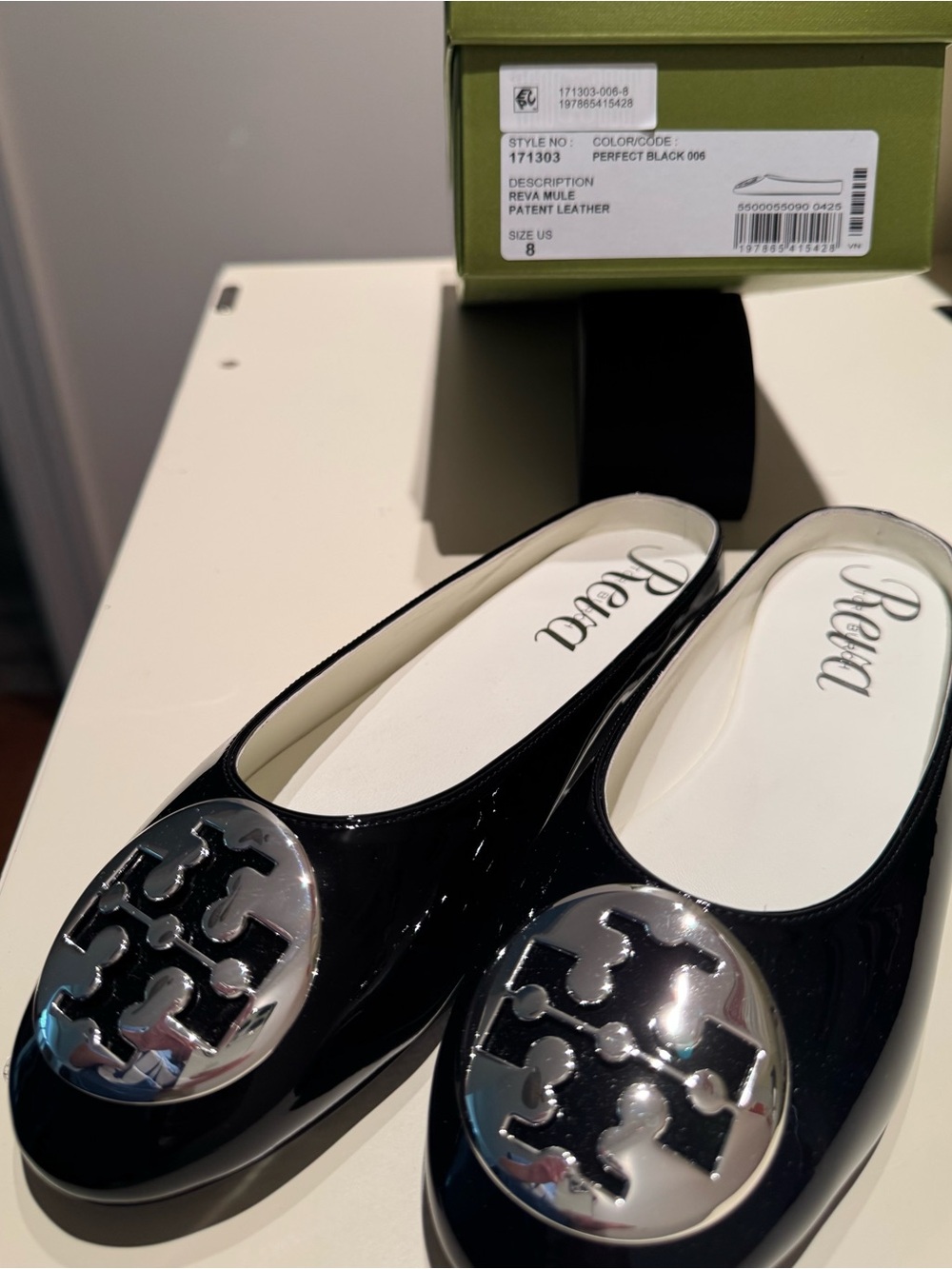 Tory Burch Reva Patent Leather Mule Perfect Black Size 8 NIB